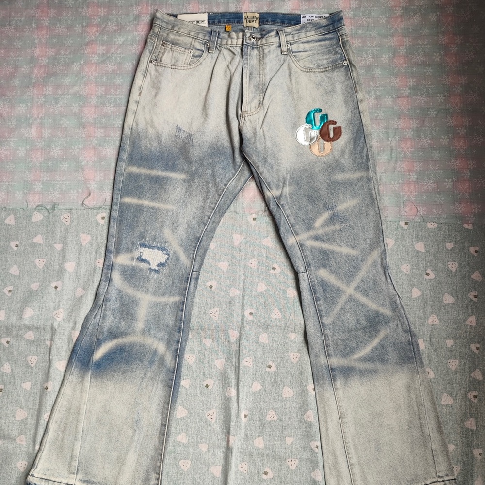 Gallery Dept Light Blue Bleached Flare Jeans with Multicolor GG Patch